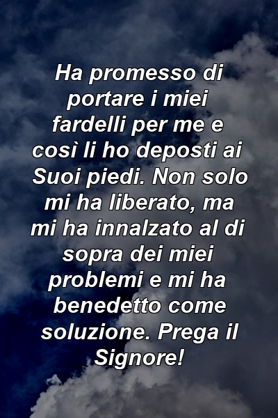 Ha promesso di portare i miei fardelli per me e così li ho deposti ai Suoi piedi. Non solo mi ha liberato, ma mi ha innalzato al di sopra dei miei problemi e mi ha benedetto come soluzione. Prega il Signore!