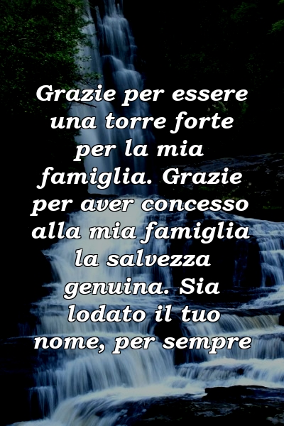 Grazie per essere una torre forte per la mia famiglia. Grazie per aver concesso alla mia famiglia la salvezza genuina. Sia lodato il tuo nome, per sempre