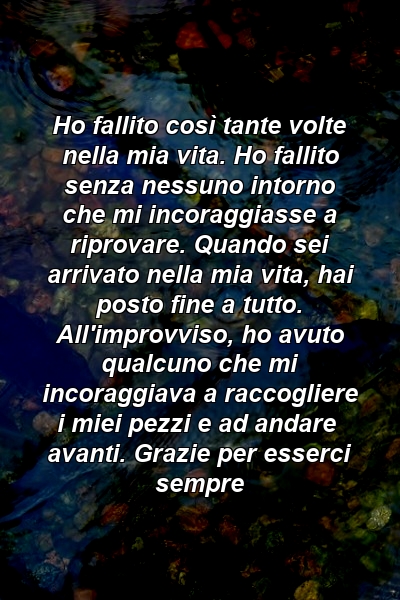 Ho fallito così tante volte nella mia vita. Ho fallito senza nessuno intorno che mi incoraggiasse a riprovare. Quando sei arrivato nella mia vita, hai posto fine a tutto. All