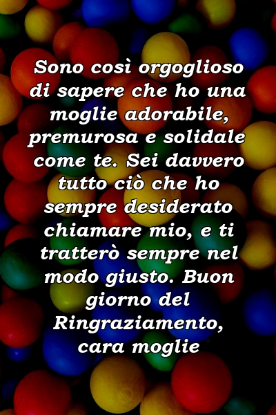 Sono così orgoglioso di sapere che ho una moglie adorabile, premurosa e solidale come te. Sei davvero tutto ciò che ho sempre desiderato chiamare mio, e ti tratterò sempre nel modo giusto. Buon giorno del Ringraziamento, cara moglie