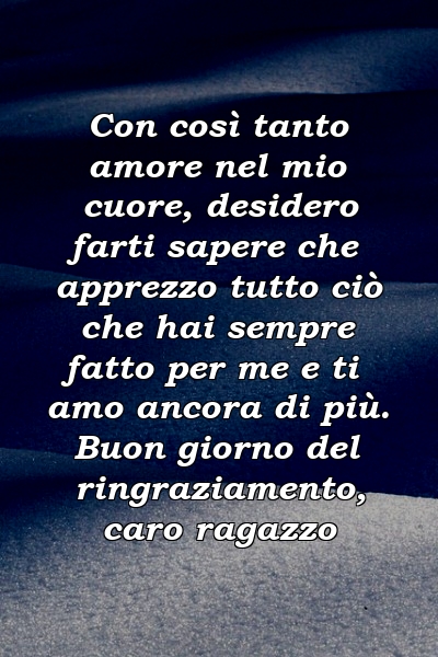 Con così tanto amore nel mio cuore, desidero farti sapere che apprezzo tutto ciò che hai sempre fatto per me e ti amo ancora di più. Buon giorno del ringraziamento, caro ragazzo