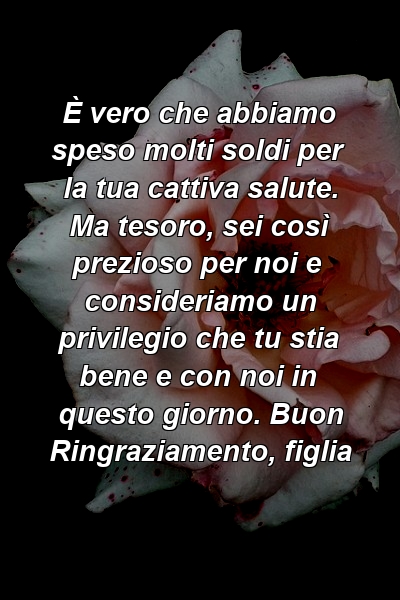 È vero che abbiamo speso molti soldi per la tua cattiva salute. Ma tesoro, sei così prezioso per noi e consideriamo un privilegio che tu stia bene e con noi in questo giorno. Buon Ringraziamento, figlia