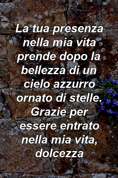 La tua presenza nella mia vita prende dopo la bellezza di un cielo azzurro ornato di stelle. Grazie per essere entrato nella mia vita, dolcezza