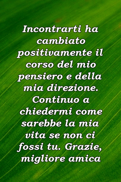 Incontrarti ha cambiato positivamente il corso del mio pensiero e della mia direzione. Continuo a chiedermi come sarebbe la mia vita se non ci fossi tu. Grazie, migliore amica