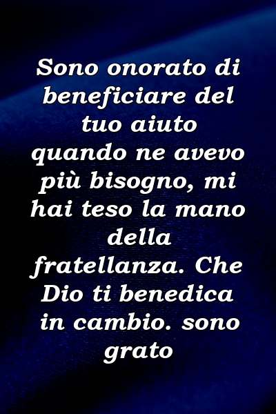 Sono onorato di beneficiare del tuo aiuto quando ne avevo più bisogno, mi hai teso la mano della fratellanza. Che Dio ti benedica in cambio. sono grato