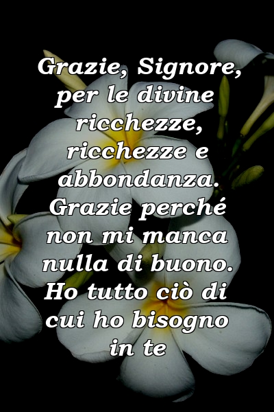 Grazie, Signore, per le divine ricchezze, ricchezze e abbondanza. Grazie perché non mi manca nulla di buono. Ho tutto ciò di cui ho bisogno in te