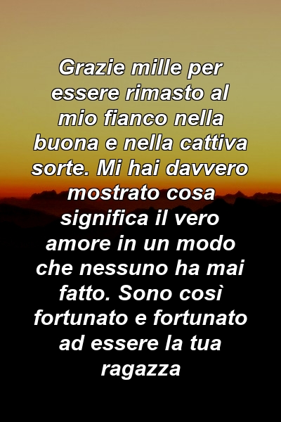 Grazie mille per essere rimasto al mio fianco nella buona e nella cattiva sorte. Mi hai davvero mostrato cosa significa il vero amore in un modo che nessuno ha mai fatto. Sono così fortunato e fortunato ad essere la tua ragazza