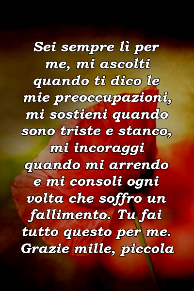 Sei sempre lì per me, mi ascolti quando ti dico le mie preoccupazioni, mi sostieni quando sono triste e stanco, mi incoraggi quando mi arrendo e mi consoli ogni volta che soffro un fallimento. Tu fai tutto questo per me. Grazie mille, piccola