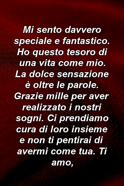 Mi sento davvero speciale e fantastico. Ho questo tesoro di una vita come mio. La dolce sensazione è oltre le parole. Grazie mille per aver realizzato i nostri sogni. Ci prendiamo cura di loro insieme e non ti pentirai di avermi come tua. Ti amo,