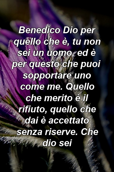 Benedico Dio per quello che è, tu non sei un uomo, ed è per questo che puoi sopportare uno come me. Quello che merito è il rifiuto, quello che dai è accettato senza riserve. Che dio sei