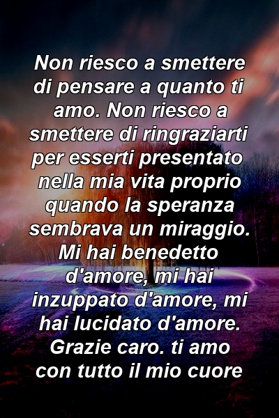 Non riesco a smettere di pensare a quanto ti amo. Non riesco a smettere di ringraziarti per esserti presentato nella mia vita proprio quando la speranza sembrava un miraggio. Mi hai benedetto d