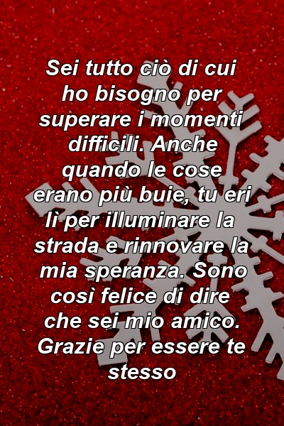 Sei tutto ciò di cui ho bisogno per superare i momenti difficili. Anche quando le cose erano più buie, tu eri lì per illuminare la strada e rinnovare la mia speranza. Sono così felice di dire che sei mio amico. Grazie per essere te stesso