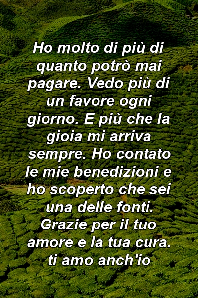 Ho molto di più di quanto potrò mai pagare. Vedo più di un favore ogni giorno. E più che la gioia mi arriva sempre. Ho contato le mie benedizioni e ho scoperto che sei una delle fonti. Grazie per il tuo amore e la tua cura. ti amo anch