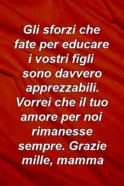 Gli sforzi che fate per educare i vostri figli sono davvero apprezzabili. Vorrei che il tuo amore per noi rimanesse sempre. Grazie mille, mamma