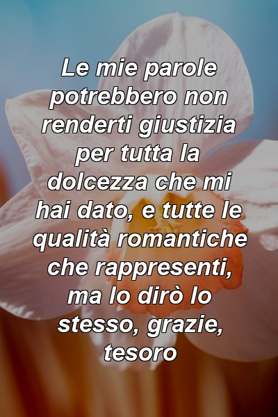 Le mie parole potrebbero non renderti giustizia per tutta la dolcezza che mi hai dato, e tutte le qualità romantiche che rappresenti, ma lo dirò lo stesso, grazie, tesoro