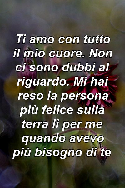 Ti amo con tutto il mio cuore. Non ci sono dubbi al riguardo. Mi hai reso la persona più felice sulla terra lì per me quando avevo più bisogno di te