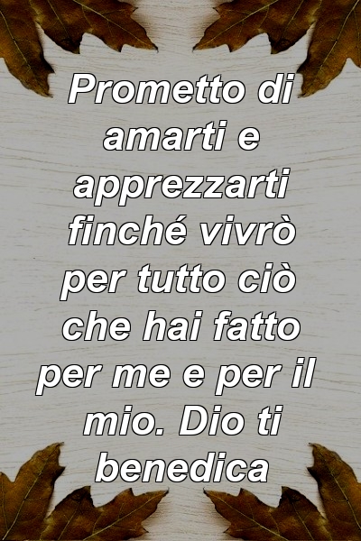 Prometto di amarti e apprezzarti finché vivrò per tutto ciò che hai fatto per me e per il mio. Dio ti benedica