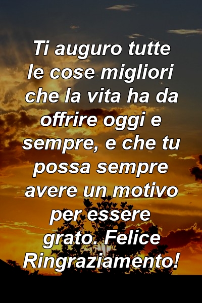 Ti auguro tutte le cose migliori che la vita ha da offrire oggi e sempre, e che tu possa sempre avere un motivo per essere grato. Felice Ringraziamento!