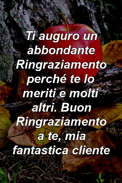 Ti auguro un abbondante Ringraziamento perché te lo meriti e molti altri. Buon Ringraziamento a te, mia fantastica cliente