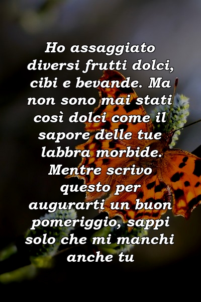 Ho assaggiato diversi frutti dolci, cibi e bevande. Ma non sono mai stati così dolci come il sapore delle tue labbra morbide. Mentre scrivo questo per augurarti un buon pomeriggio, sappi solo che mi manchi anche tu