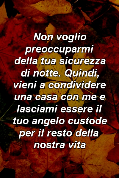 Non voglio preoccuparmi della tua sicurezza di notte. Quindi, vieni a condividere una casa con me e lasciami essere il tuo angelo custode per il resto della nostra vita