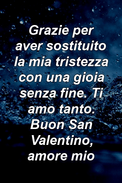 Grazie per aver sostituito la mia tristezza con una gioia senza fine. Ti amo tanto. Buon San Valentino, amore mio