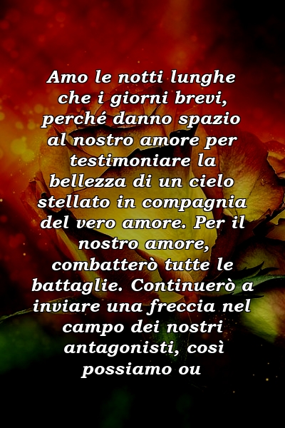 Amo le notti lunghe che i giorni brevi, perché danno spazio al nostro amore per testimoniare la bellezza di un cielo stellato in compagnia del vero amore. Per il nostro amore, combatterò tutte le battaglie. Continuerò a inviare una freccia nel campo dei nostri antagonisti, così possiamo ou