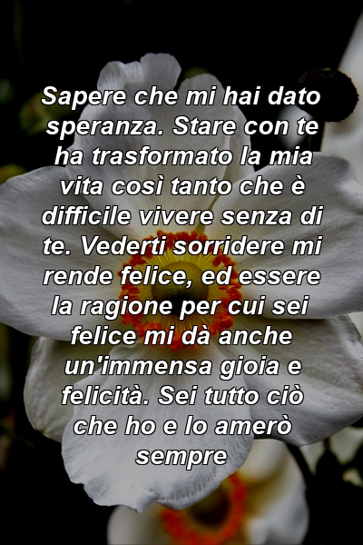 Sapere che mi hai dato speranza. Stare con te ha trasformato la mia vita così tanto che è difficile vivere senza di te. Vederti sorridere mi rende felice, ed essere la ragione per cui sei felice mi dà anche un