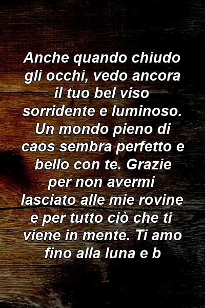 Anche quando chiudo gli occhi, vedo ancora il tuo bel viso sorridente e luminoso. Un mondo pieno di caos sembra perfetto e bello con te. Grazie per non avermi lasciato alle mie rovine e per tutto ciò che ti viene in mente. Ti amo fino alla luna e b