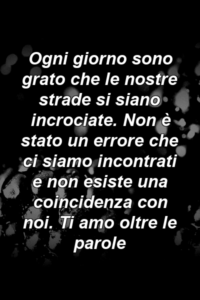 Ogni giorno sono grato che le nostre strade si siano incrociate. Non è stato un errore che ci siamo incontrati e non esiste una coincidenza con noi. Ti amo oltre le parole