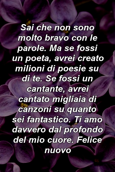 Sai che non sono molto bravo con le parole. Ma se fossi un poeta, avrei creato milioni di poesie su di te. Se fossi un cantante, avrei cantato migliaia di canzoni su quanto sei fantastico. Ti amo davvero dal profondo del mio cuore. Felice nuovo