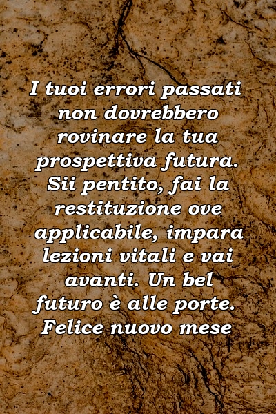 I tuoi errori passati non dovrebbero rovinare la tua prospettiva futura. Sii pentito, fai la restituzione ove applicabile, impara lezioni vitali e vai avanti. Un bel futuro è alle porte. Felice nuovo mese