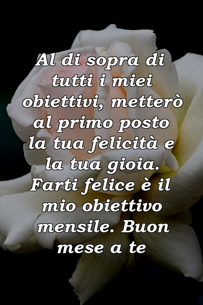 Al di sopra di tutti i miei obiettivi, metterò al primo posto la tua felicità e la tua gioia. Farti felice è il mio obiettivo mensile. Buon mese a te