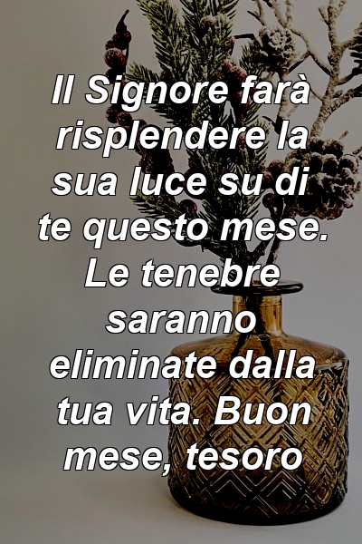 Il Signore farà risplendere la sua luce su di te questo mese. Le tenebre saranno eliminate dalla tua vita. Buon mese, tesoro