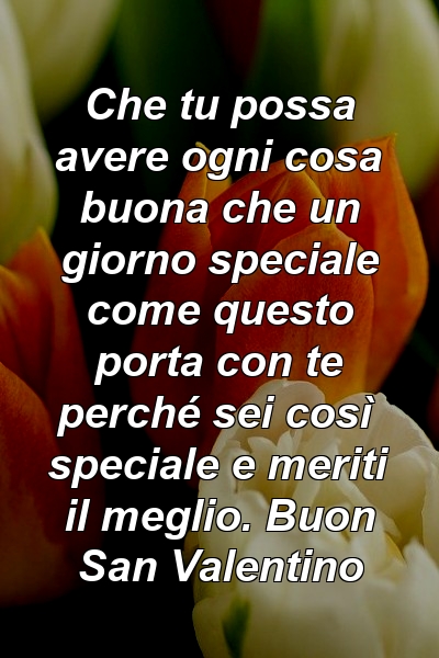 Che tu possa avere ogni cosa buona che un giorno speciale come questo porta con te perché sei così speciale e meriti il ​​meglio. Buon San Valentino